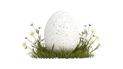 Large white speckled egg resting in green grass with daisies