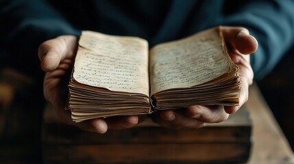 Obraz premium Closeup of handwritten notes on aged paper, lying on an antique wooden box