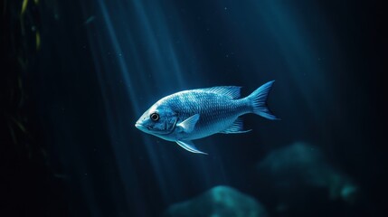 A blue fish swims gracefully through the dark underwater environment