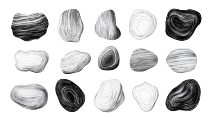 Abstract black and white stones with detailed texture patterns