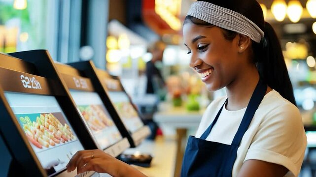 Smiling female employee in uniform using touchscreen ordering kiosk in fast food restaurant. Modern self-service and digital ordering concept. Design for banner, website, poster, header