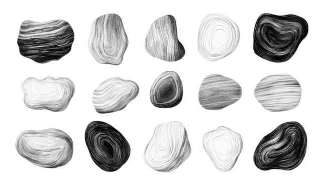 Abstract black and white stones with detailed texture patterns