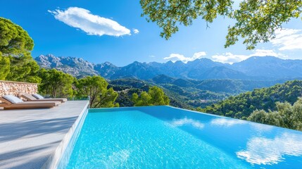 Fototapeta premium Real Estate Luxury modern villa with a private pool and scenic mountain views.