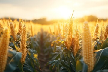 Workers are engaged in harvesting ripe corn in expansive fields as the sun sets, casting a warm glow over the landscape and crops Generative AI