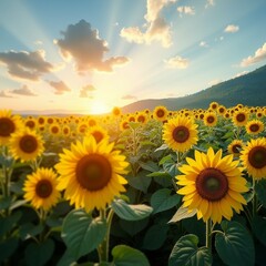 Obraz premium beautiful landscape sunflower field sunflowers full bloom bright yellow petals dark brown centers field surrounded green leaves stems background mountains clear blue sky sky filled fluffy white