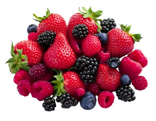 A vibrant mix of fresh strawberries, raspberries, blackberries, and blueberries creates a delicious and visually appealing image, perfect for food blogs, packaging, or healthy lifestyle publications.