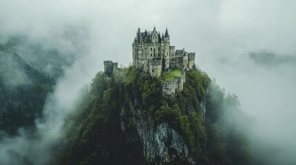 Majestic castle perched atop a cliff surrounded by morning fog in a remote landscape