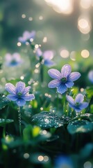 Dew-kissed purple flowers in a forest at sunrise