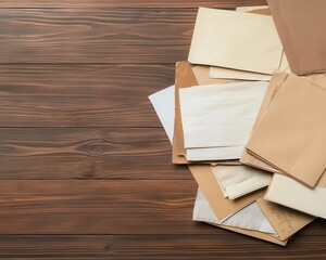 Pile of old papers with handwritten notes, surrounded by rustic wooden decor