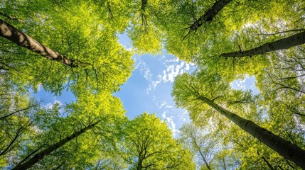 Fototapeta premium Looking up at the vibrant green treetops on a sunny day