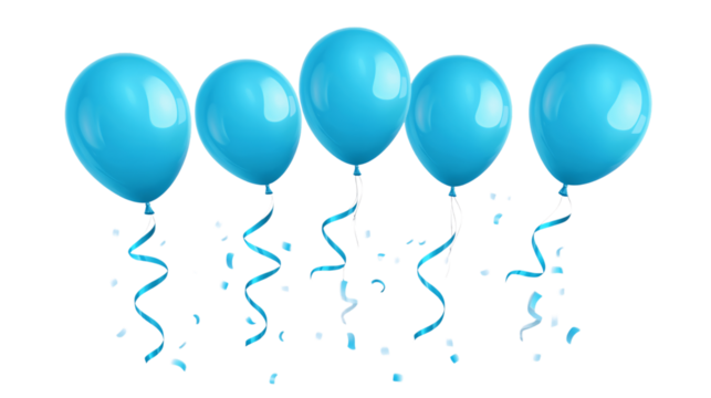 Blue balloons with ribbons on white background --ar 16:9