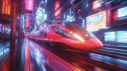 Fototapeta premium Futuristic high-speed train arrives at neon-lit urban station during nighttime
