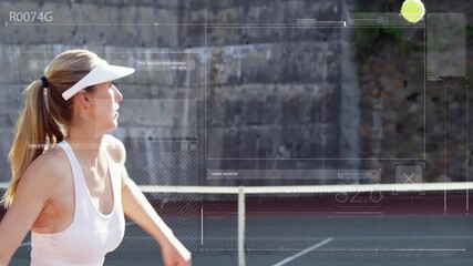 On court, tennis player in action with animation and digital data overlay - Powered by Adobe