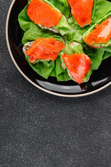Salmon sandwich red fish seafood appetizer dish fresh tasty gourmet food background on table rustic food top view copy space 