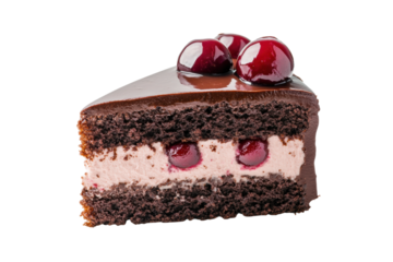 Decadent chocolate cake slice with cherry filling and ganache topping, cut out