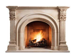 Classic burning fireplace isolated. Generative AI.