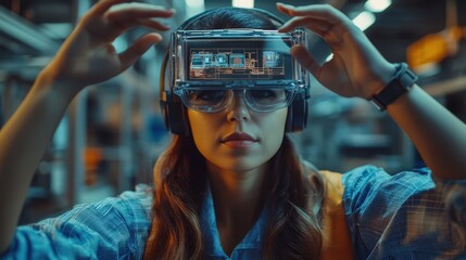 Woman Engineer Uses Futuristic AR Headset for Industrial Design Innovative Technology in Modern Factory