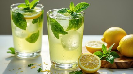 Fototapeta premium food photography of basil lemonade, served in a tall, elegant glass filled with ice cubes that glisten under the soft natural light.