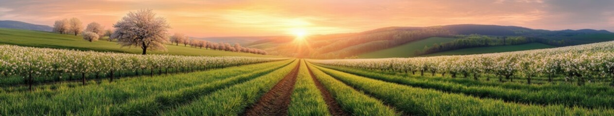 Fototapeta premium Sunrise over lush green fields and blooming flowers