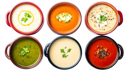 Assorted fresh soups in colorful bowls with vibrant toppings