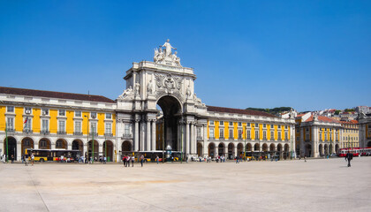 Lisbon, Portugal. Iconic Rua Augusta Street Triumphal Arch in Praca do Comercio Square or Terreiro do Paco. 18th Century neoclassical