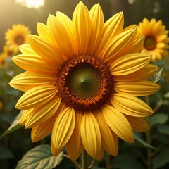 close sunflower bright yellow petals green center sunflower full bloom surrounded sunflowers background petals arranged fan like pattern center flower being largest outermost center deep green color