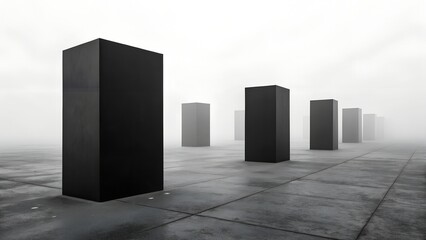 
Tall, imposing rectangular monoliths, alternating between solid black and lighter grey
