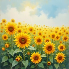 Obraz premium painting field sunflowers field full bright yellow flowers large round heads dark brown centers flowers arranged neat orderly manner overlapping background light blue sky white clouds scattered