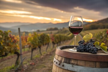 Red Wine Glass and Grapes on Barrel in Front of Vineyard Mendoza Argentina 