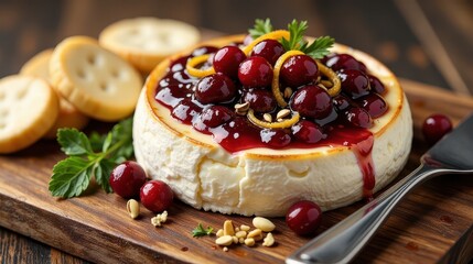 A luxurious food photography of baked brie topped with vibrant cranberry sauce, served on a rustic wooden tray.