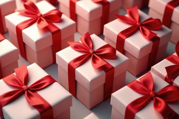 Obraz premium Elegant red ribbon tied gift boxes, repeating pattern, paper, ribbon, card