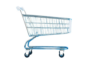Empty shopping cart on wheels against a plain background, cut out