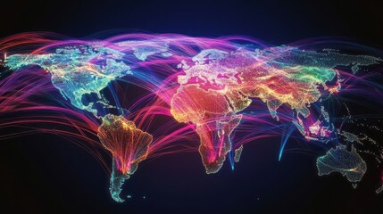 A digital map of the world with colorful lines connecting cities, representing global connectivity and data flow between countries. 