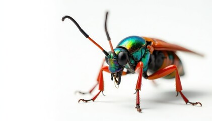 Close-up of colorful insect on white background, vibrant, grasshopper, detail