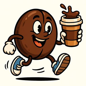 Energetic cartoon coffee bean character holding a to-go cup of coffee, smiling and running with excitement and joy.