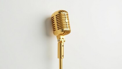 Fototapeta premium Close-up shot of a single, gold microphone isolated on white , isolated, mic, recording