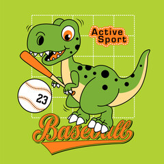 Cute cartoon dino playing baseball , Flat Vector Illustration