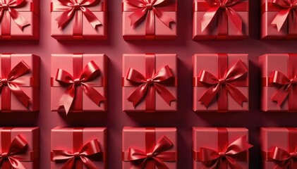 Elegant red ribbon tied gift boxes, repeating pattern, seamless, background