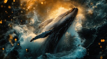Fototapeta premium Humpback whale breaches the ocean surface during a vibrant sunset over the water