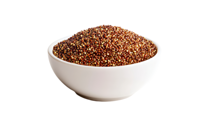 Red quinoa in a white bowl on a transparent background