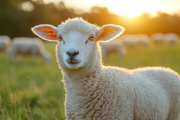 Fototapeta premium Flock of Australian sheep feeding in a fertile field as the sun sets, casting a warm glow over the landscape and the animals Generative AI