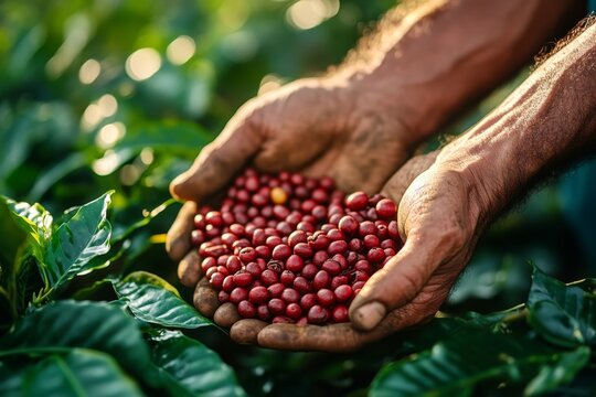 Hands skillfully gather ripe coffee beans from vibrant green plants under the warm glow of the morning sun in a serene plantation atmosphere Generative AI
