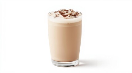 The image is of a tall glass filled with a creamy, light brown drink. the drink appears to be a milkshake or a smoothie, with a layer of whipped cream on top.