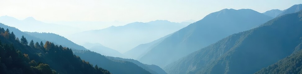 Fototapeta premium Dense fog envelops a quiet mountain landscape, peaceful, stillness, wilderness