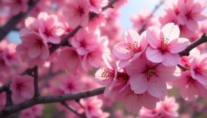 Obraz premium Dense cluster of sakura, overlapping petals, vibrant pink hue, seamless, intense pink, dense
