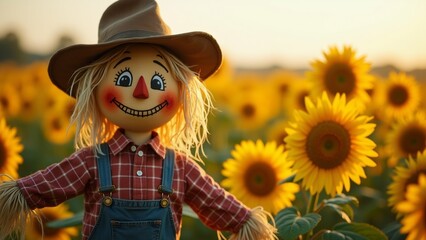 close scarecrow field sunflowers scarecrow wearing brown cowboy hat red plaid shirt blue overalls has blonde hair big smile its face background blurred appears sunny day clear blue sky overall mood