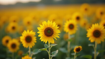 Obraz premium close sunflower middle field sunflower center its bright yellow petals dark brown center surrounded sunflowers different sizes shapes which full bloom background blurred appears vast field sunflower