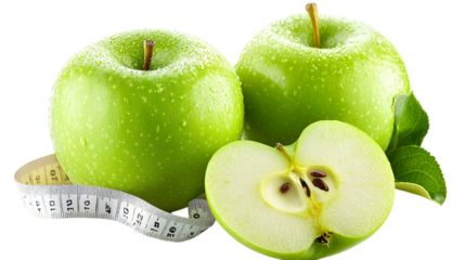 Fresh green apple with measuring tape on white background --ar 16:9