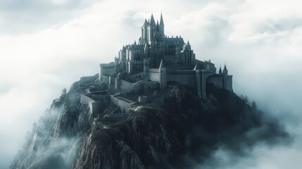 Fototapeta premium Mysterious castle shrouded in fog atop a mountain during twilight hours