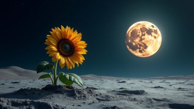 single sunflower surface moon sunflower center its bright yellow petals dark center has two green leaves small stem background dark blue night sky full moon visible distance moon appears bright